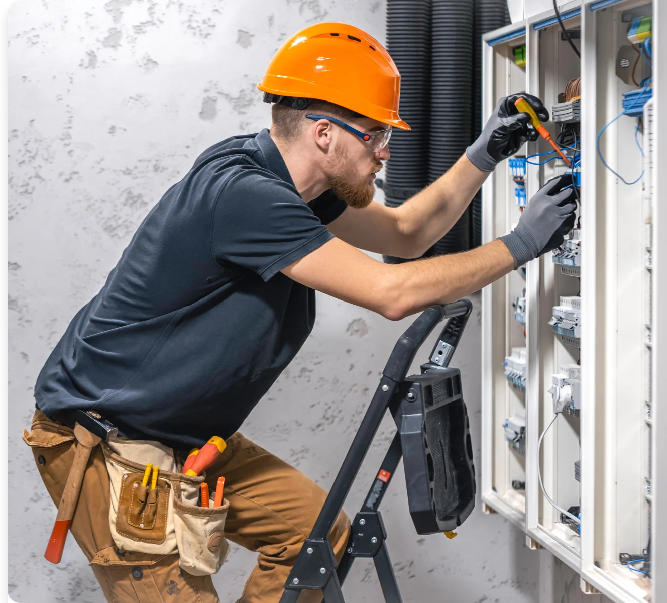 Elektryk w kasku i rękawicach sprawdza przewody w rozdzielnicy elektrycznej przy pomocy miernika – Pomiary elektryczne