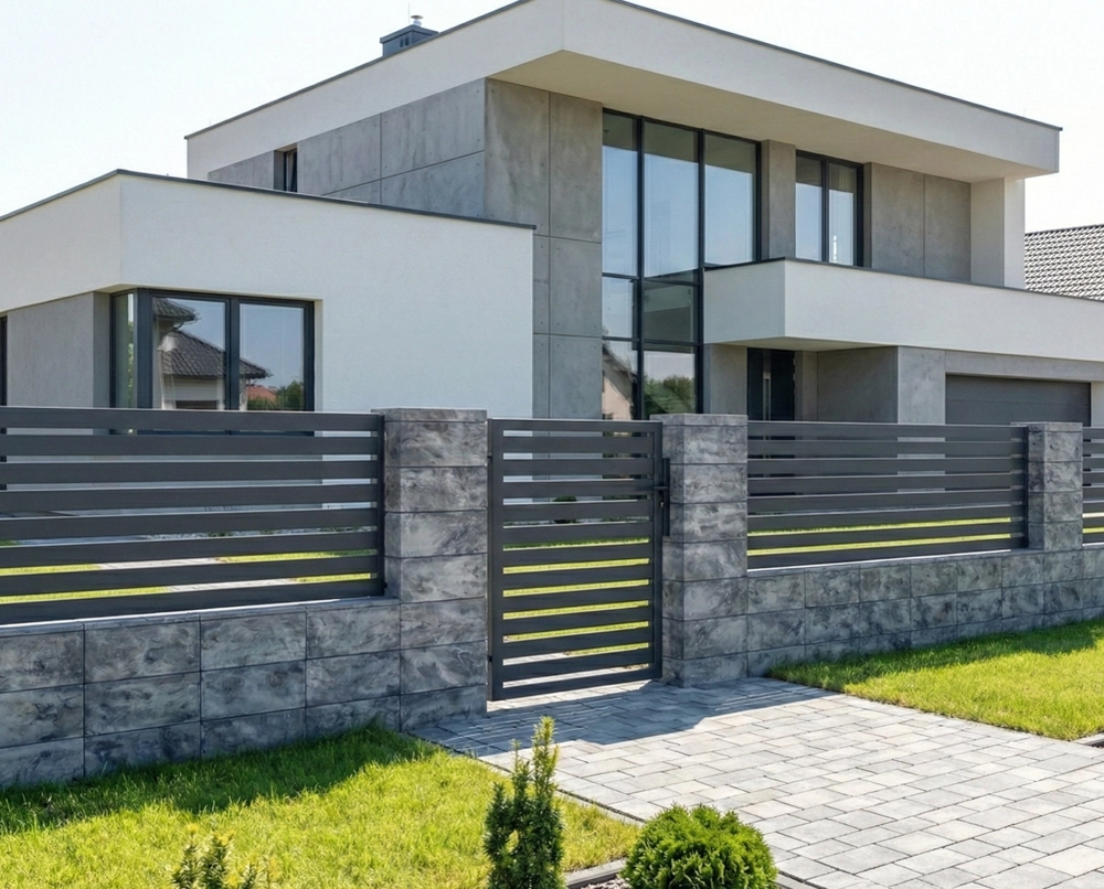Ogrodzenie żaluzjowe przed nowoczesnym domem z bramką i podjazdem