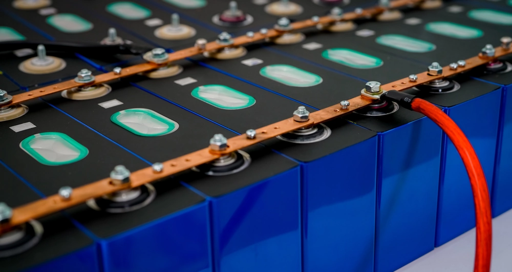 Magazyny energii z niebieskich ogniw połączonych miedzianymi szynami i czerwonym kablem
